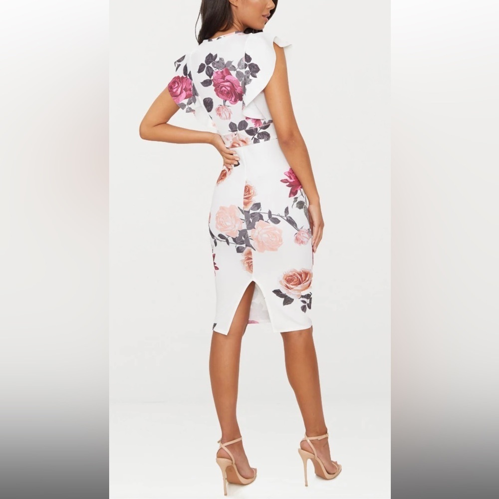 Prettylittlething White Floral Print Frill Detail Midi Dress - Picture 2 of 11